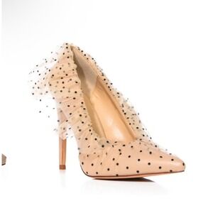 Azalea Wang NUDE TULLE POLKA DOT Mesh Ruffle PUMP 6.5 Pointed Toe Stiletto Heels